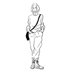 パンツ姿の女性の全身線画ベクター