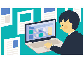 ノートパソコンでウェブメディアを利用する男性のベクターイラスト