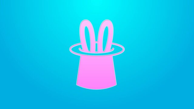 Pink line Magician hat and rabbit ears icon isolated on blue background. Magic trick. Mystery entertainment concept. 4K Video motion graphic animation
