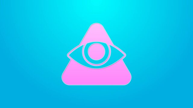 Pink line Masons symbol All-seeing eye of God icon isolated on blue background. The eye of Providence in the triangle. 4K Video motion graphic animation