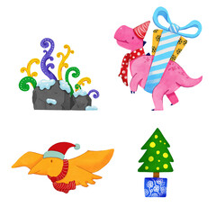 Christmas Dinosaur watercolor Set.illustration vector.