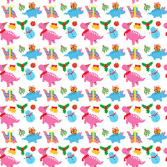 christmas dinosaur pattern seamless design for decorating, wallpaper, wrapping paper, fabric, background.