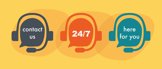 Headphones with speech icon sign symbol, logo vector illustration for web and mobile, copy paste, place for text.  24 hours Customer Technical Help Support Service callcenter for Telemarketers concept