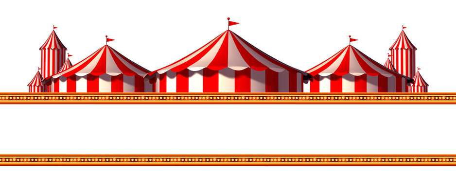 Circus advertisement background and blank space stage tent design element as a group of big top carnival tents as a fun entertainment icon on a white background as a 3D render.