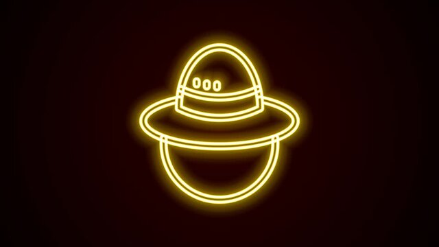 Glowing neon line Camping hat icon isolated on black background. Beach hat panama. Explorer travelers hat for hunting, hiking, tourism. 4K Video motion graphic animation