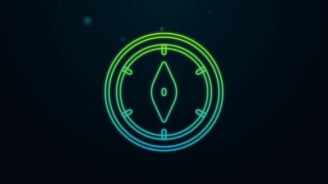 Glowing neon line Compass icon isolated on black background. Windrose navigation symbol. Wind rose sign. 4K Video motion graphic animation