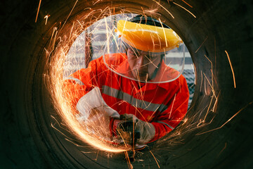 Highly skilled workers wearing industrial uniforms and Welded Iron Mask at Steel use electric wheel...