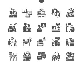 Coworking. Workplace. Experience exchange. Individual work. Teamwork and success. Vector Solid Icons. Simple Pictogram