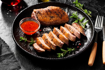 Roasted duck breast served with sauce and fresh herbs. Black background.