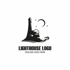 Silhouette night lighthouse on coral with stars and moon template logo design