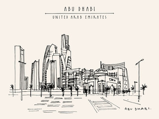 Vector artistic Abu Dhabi, United Arab Emirates postcard. Downtown skyscrapers panorama. Hand drawing. Travel sketch. Vintage horizontal format touristic greeting card, poster, brochure illustration - obrazy, fototapety, plakaty