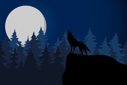 Silhouette wolf howling at the full moon in the pine forest template illustration