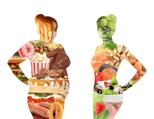 Foto op Plexiglas Silhouettes of overweight and slim women filled with unhealthy and healthy food on white background, collage. Illustration © New Africa