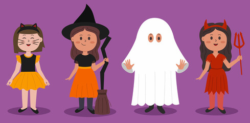 Kids in halloween costumes in flat style