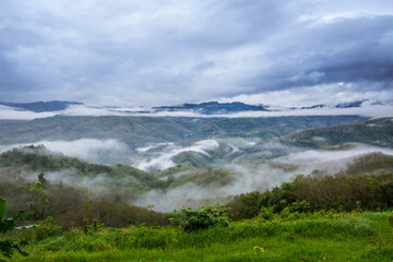 Landscape of misty mountains of Mt.Gunung Silipat Betong,Yala,Thailand. View of coniferous forest, layers of mountain and haze in the hills at distance. Tourism and traveling concept.