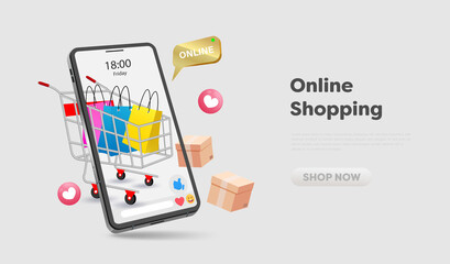 Online shopping store on website and mobile phone design. Smart business marketing concept. Horizontal view. Vector Illustration
