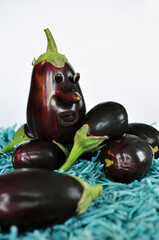 Fairytale Egg plants on turquoise grass. Healthy food. Vegetables