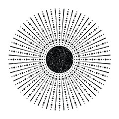 Grunge textured solar symbol . Vector illustration . Vintage sun logo . Minimal design element . Abstract geometric shape . Sunburst .