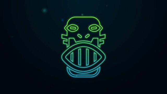 Glowing neon line Mexican mayan or aztec mask icon isolated on black background. 4K Video motion graphic animation