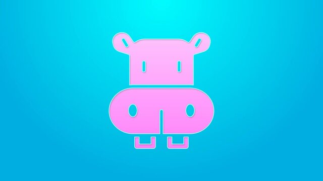Pink line Hippo or Hippopotamus icon isolated on blue background. Animal symbol. 4K Video motion graphic animation