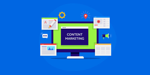 Content marketing infographic style illustration, different format of content, blog content, video media, image solution, company website using multi media content, online audience engagement concept.