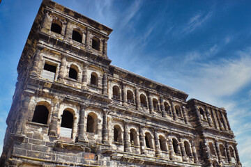 Front view of the Porta Nigra, a well preserved portal of the Roman Empire, and the most famous landmark in Trier, the oldest city in Germany