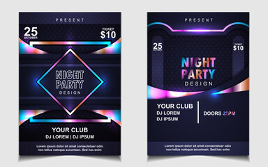 Night dance party music layout cover design template background with colorful dark blue glitters style. Light electro vector for music event concert disco, club invitation, festival poster, flyer