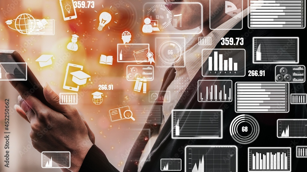 Poster conceptual business dashboard for financial data analysis . 3d render computer graphic .