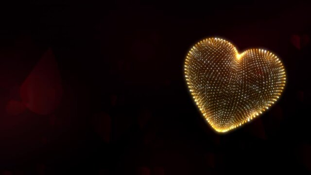 Abstract animation 3D heart of golden glitter wire mesh on red heart flow up black background blinking loop with copy space for your text. 4K 3D seamless loop for Romantic background, St. Valentines D