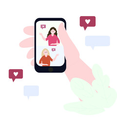 Hand holds a smartphone. Live chat screen, people's faces.