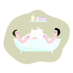 Two gay men are taking a bath. Rest in the water, relaxation.