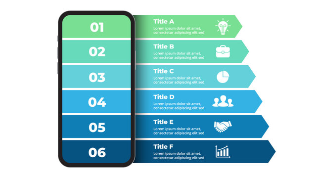 Iphone mock up. Infographic slide template. 6 steps arrows chart. Electronic device presentation. User interface and experience smartphone screen. 
