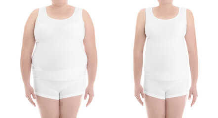 Collage with photos of woman before and after weight loss diet on white background, closeup