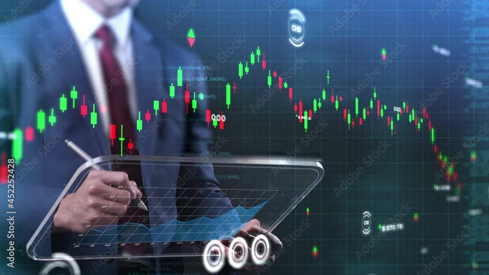Poster business finance investment economy concept, businessman trading using tablet computer graph chart d