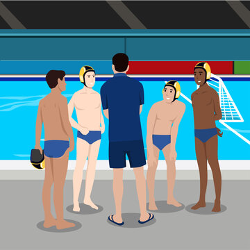 A vector illustration of water polo athletes in a meeting before match for sport competition series