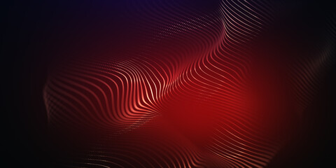 Abstract background with red particles wave. 3d render wave line dot background. Light glowing effect particular background.