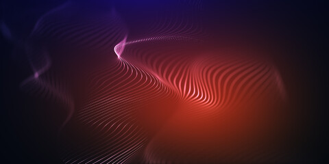 Abstract background with red particles wave. 3d render wave line dot background. Light glowing effect particular background.
