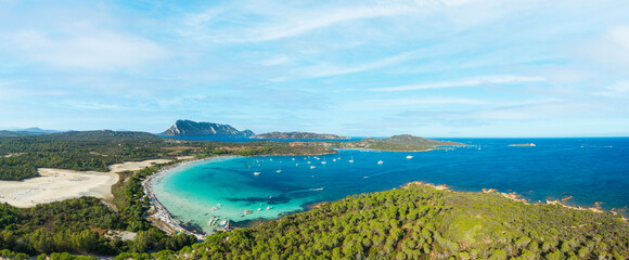 View from above, stunning aerial view of Cala Brandinchi beach with its beautiful white sand, and...