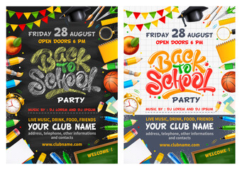 Back to School bright party posters with unique hand drawn chalk lettering Back to school. Realistic school subjects as frame around. Chalkboard and checkered paper on backdrop. Vector illustration.