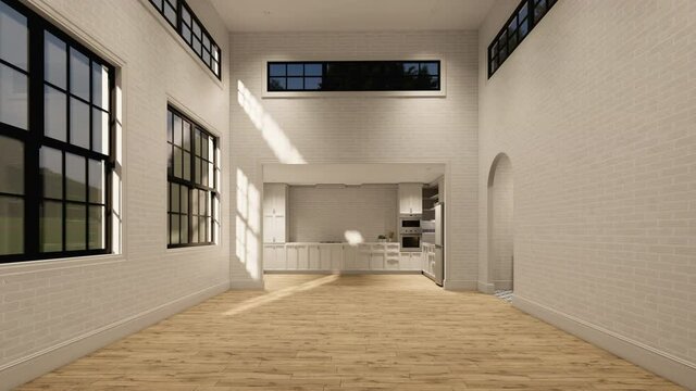 3d rendering animation timelapse.Interior house modern open living space with kitchen.Modern loft style Duplex apartment residence. Home decoration  interior design.