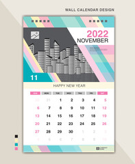 Wall calendar 2022 template pastel creative backgrounds, November layout, Desk calendar 2022 minimal design, poster, planner, Calendar date, Week starts on Sunday, Stationery, vertical page, vector