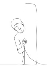 man bending over looks out from behind a door or around a corner - one line drawing. concept of peeping, curiosity, asking permission to enter