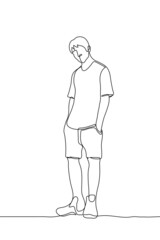 man stands in a T-shirt and shorts his hands in his pockets he tilted his head and looks at the viewer - one line drawing