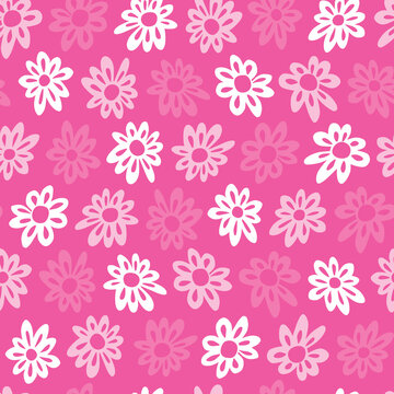 Vector rows of pink cut out daisy flowers repeat pattern. Suitable for textile, gift wrap and wallpaper.