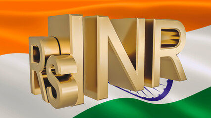 Gilded INR rupee symbol on the background of the flag of India. Finance concept. Rendering 3D.