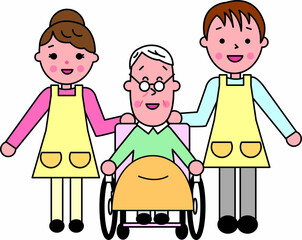 高齢男性が乗る車椅子に寄り添う介護の男女