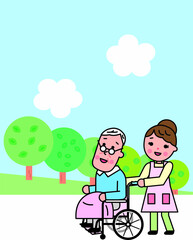 高齢男性が乗る車椅子を押す介護の女性