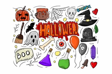 Set of Halloween watercolor bundles isolated on white background. halloween doodles