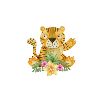 Watercolor illustration of a tiger, tropical leaves and flowers isolated on a white background.