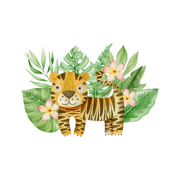 Watercolor illustration of a tiger, tropical leaves and flowers isolated on a white background.